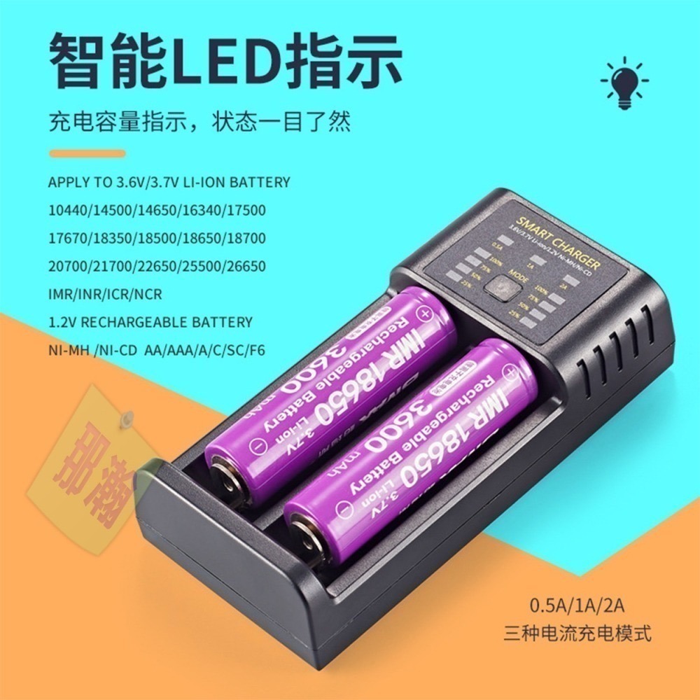 台灣現貨：18650智慧單槽 雙槽 四槽USB充電器3.6V3.7V鋰電池AA鎳氫1.2V大電流2A充電器-細節圖2