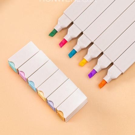 【台灣現貨火速寄出】莫蘭迪色螢光筆套裝 雙頭 軟頭護眼色 標記筆 6入 學生手帳彩色劃重點筆記-細節圖3