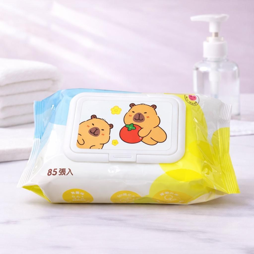 【台灣現貨火速寄出】純水濕紙巾 濕巾 草莓熊 水豚君 可愛卡通 卡皮巴拉 80抽 12*16cm 母嬰可用-細節圖4