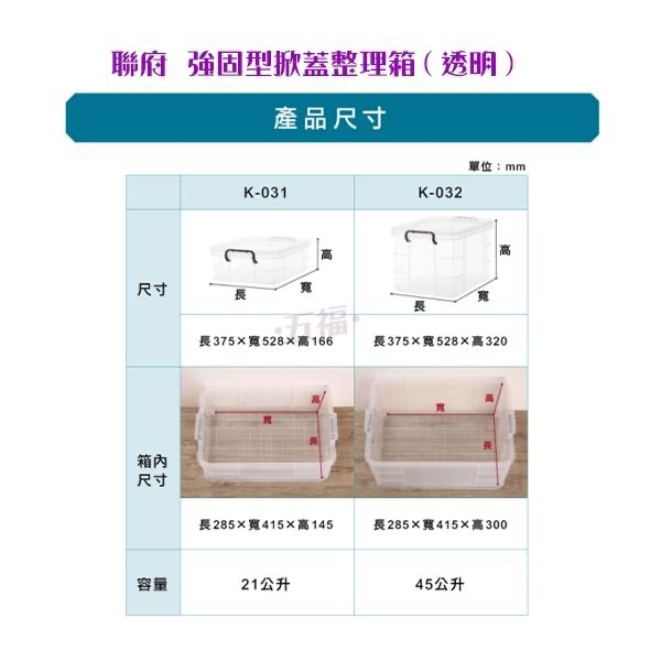 收納會社 聯府 K031 21L K032 45L 收納箱 置物箱MIT台灣製造 強固型掀蓋整理箱-細節圖7