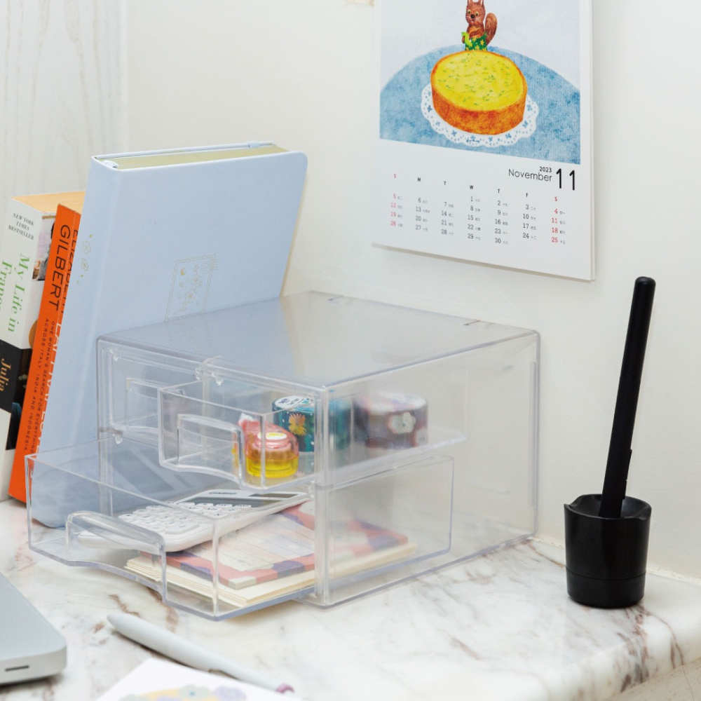 臺灣製 透明系桌上收納盒佳斯捷 85115 小不點收藏盒 文具盒 三格抽屜收納盒 桌面收納盒-細節圖5