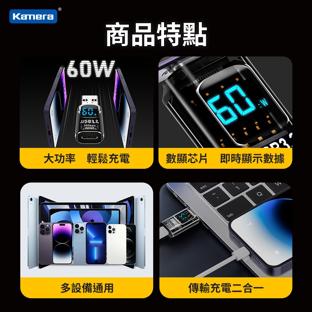 Kamera USB-A公轉Type-C母 數顯轉接頭黑 60W/20V/3A 蝦皮發票 充電傳輸二合一-細節圖2