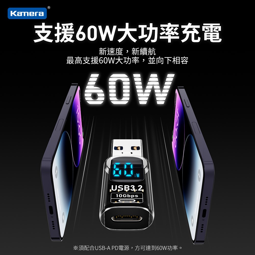 Kamera USB-A公轉Type-C母 數顯轉接頭黑 60W/20V/3A 蝦皮發票 充電傳輸二合一-細節圖4