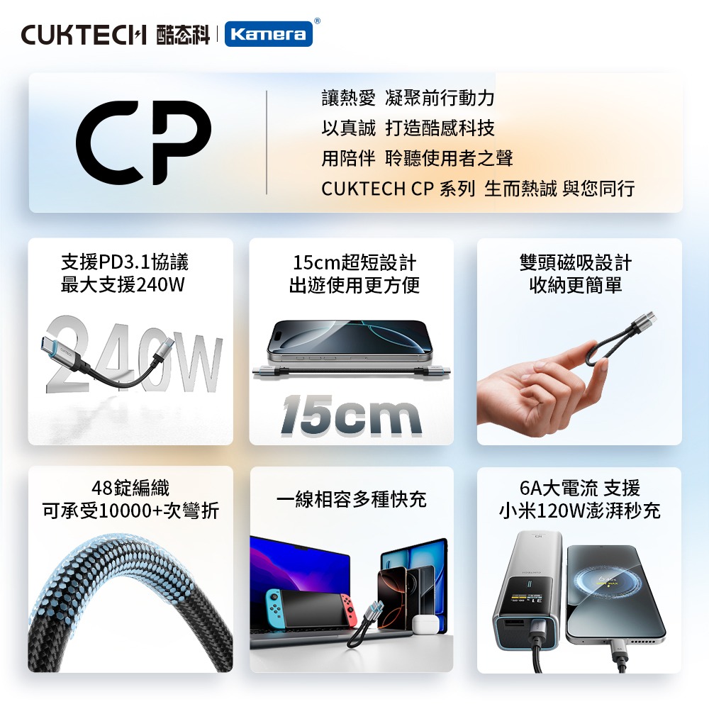 CUKTECH 酷態科 240W TYPE-C 15cm 磁吸摺疊 編織快充線 6A 充電線 短線 CTC615S-細節圖2