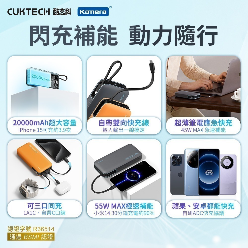 BSMI CCC 雙認證 CUKTECH 酷態科 55W TYPE-C 自帶線行動電源 20000mAh PB200N-細節圖2