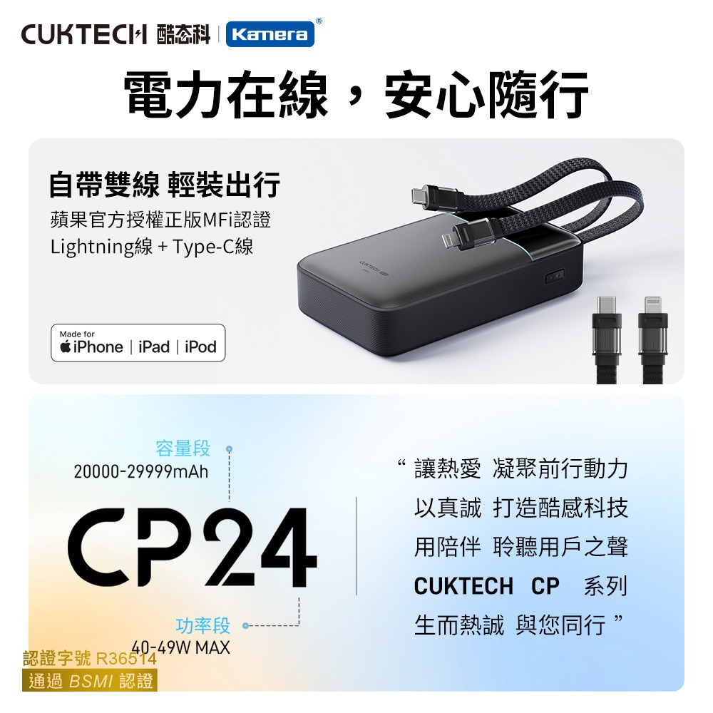 CUKTECH 酷態科 LPB200NL CP24 自帶雙線行動電源 20000mAh 40W-細節圖2