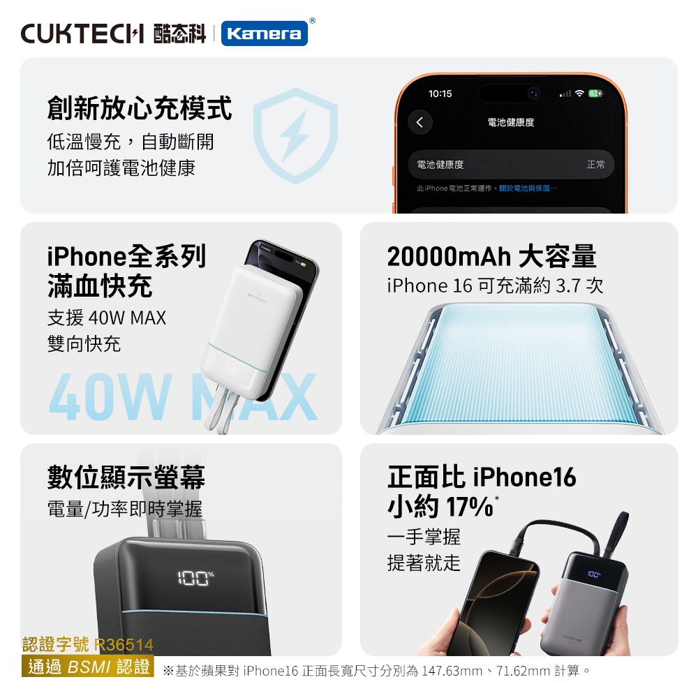 CUKTECH 酷態科 LPB200NL CP24 自帶雙線行動電源 20000mAh 40W-細節圖3