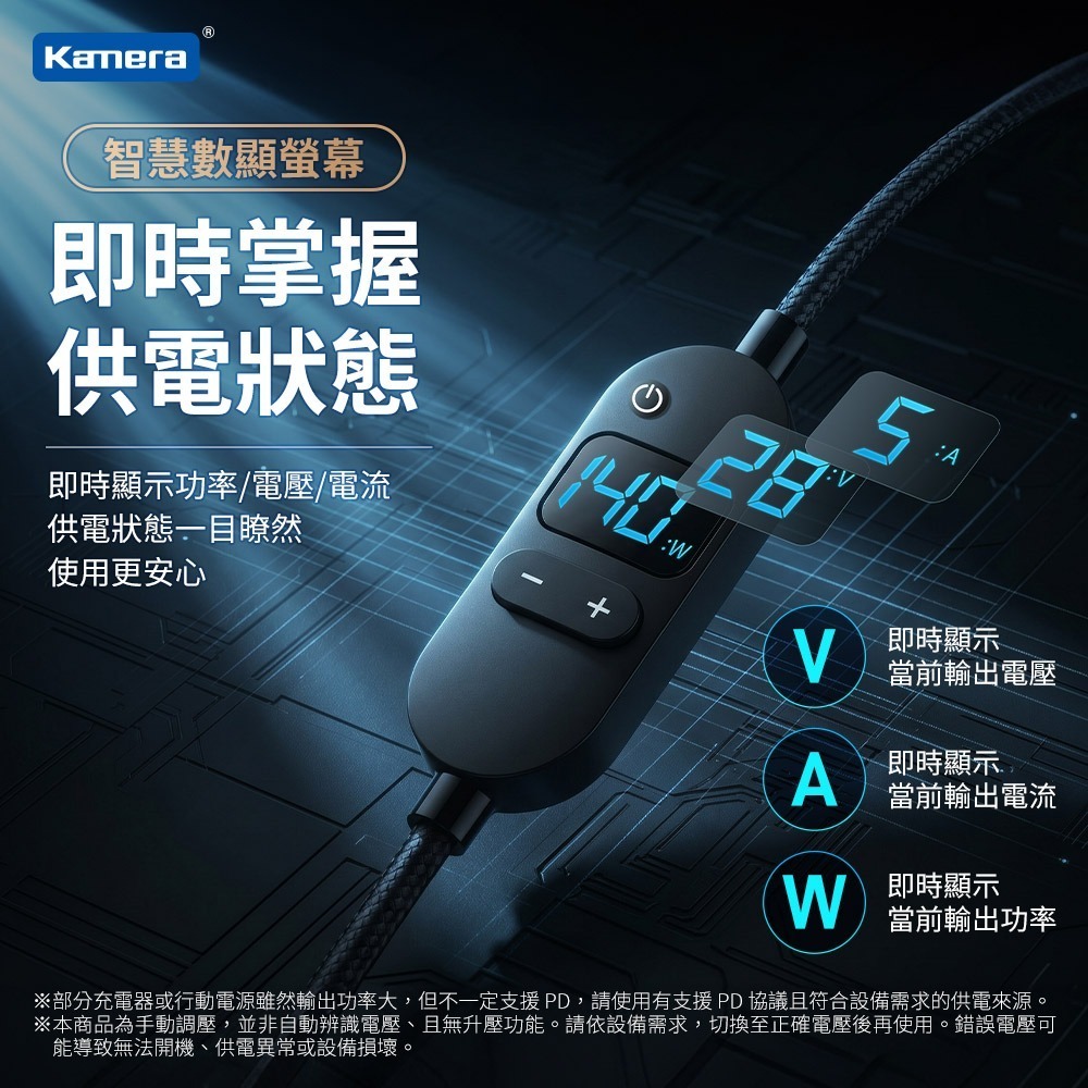 Kamera Type-C公轉DC 5.5x2.5 PD140W 可調電壓數顯誘騙線 150cm 鋁合金 筆電快充-細節圖5