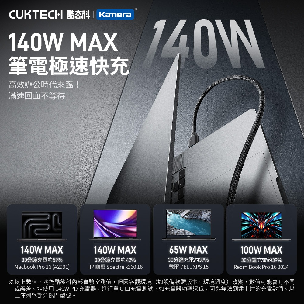 CUKTECH 酷態科 10號 PLUS 140W 二合一編織協議轉換線 C2C615 PD3.1 快充線 150cm-細節圖9