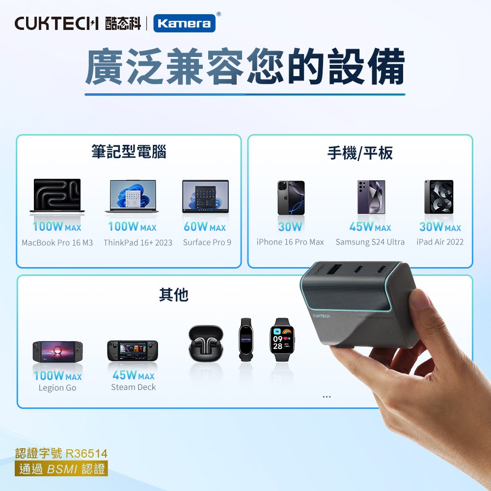 CUKTECH 酷態科 100W GaN 10號氮化鎵 PD快充 充電器 2C1A 附充電線 (AD1003US)-細節圖4