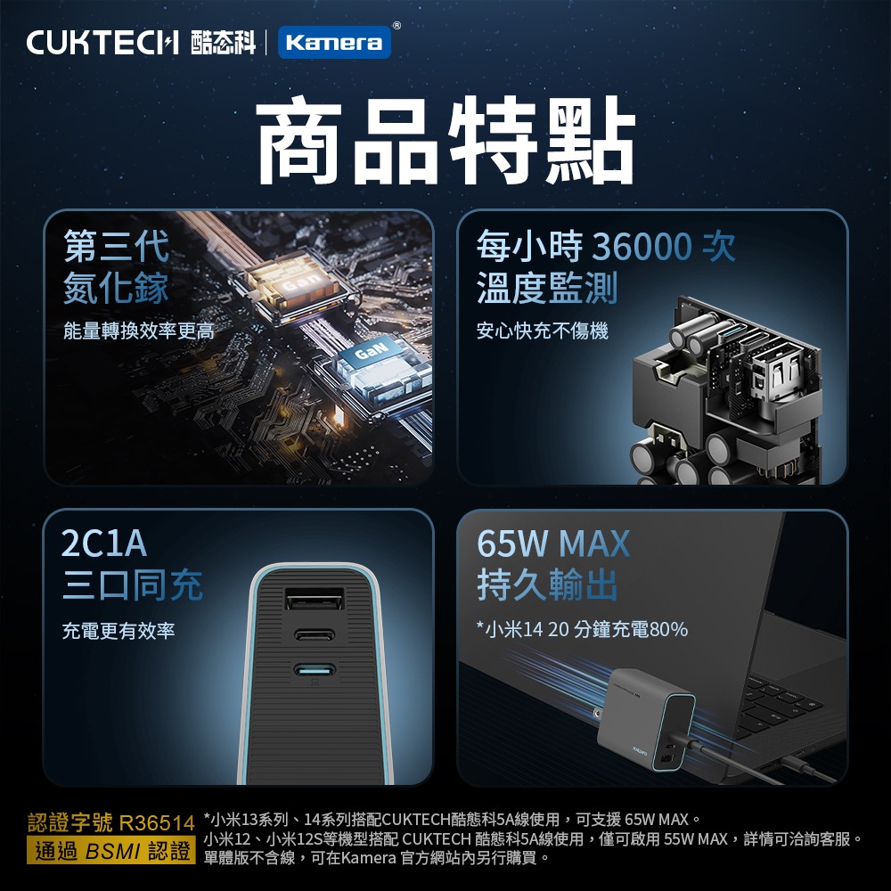 CUKTECH 酷態科 GaN 65W 氮化鎵 充電器 2C1A PD快充 AD653CUS-細節圖2