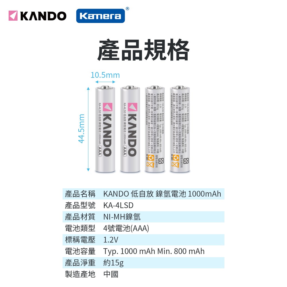 Kando 4號 低自放 充電電池 (1000mAh) AAA 重複使用 環保 KA-4LSD-細節圖7