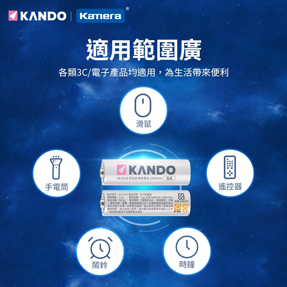 Kando 3號 低自放 充電電池 (2200mAh) AA 重複使用 環保 KA-3LSD-細節圖5