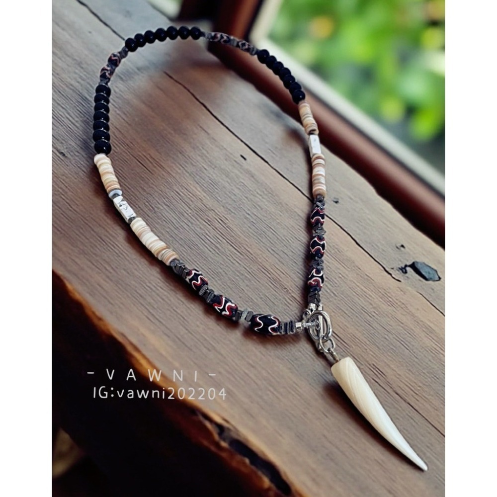 [  V A W N I • 梵馜］稀有貝殼角男士項鍊 琉璃珠 礦石 貝殼 NO.1140116-細節圖3