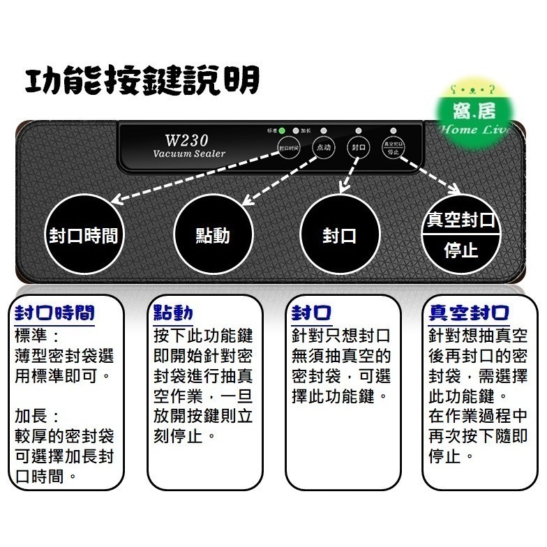 現貨速發｜W230 家用真空封口機｜110V台灣電壓版：-60KPA強吸力、30cm寬口密封、輕巧好收納(送5個真空袋)-細節圖4