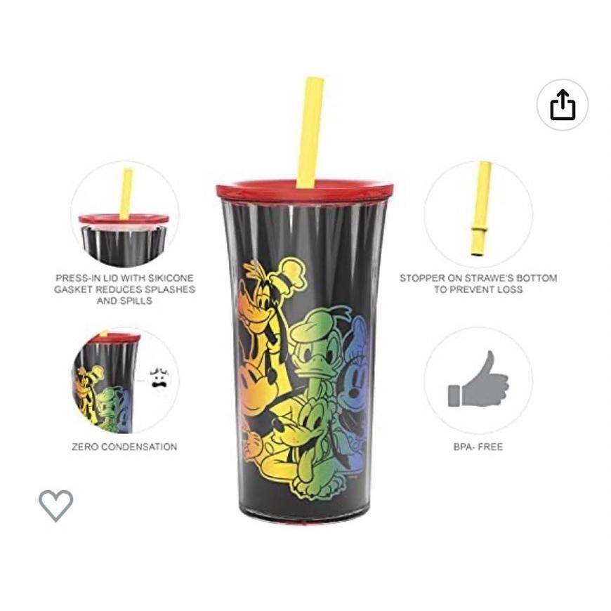 【美國直購 正品現貨】Disney彩虹系列 雙層隔熱塑料冷飲杯 隨行杯 環保杯 吸管水杯-細節圖2