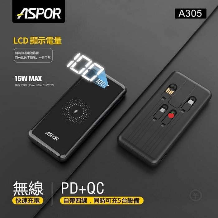 ASPOR 13000mAh A305 行動電源 數位顯示 兼具QC/PD快充 充電寶-細節圖2