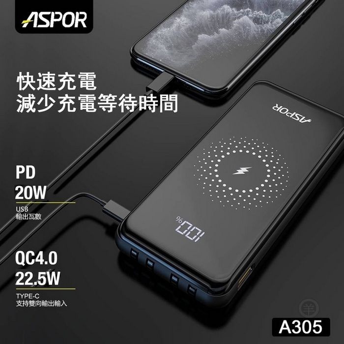 ASPOR 13000mAh A305 行動電源 數位顯示 兼具QC/PD快充 充電寶-細節圖4