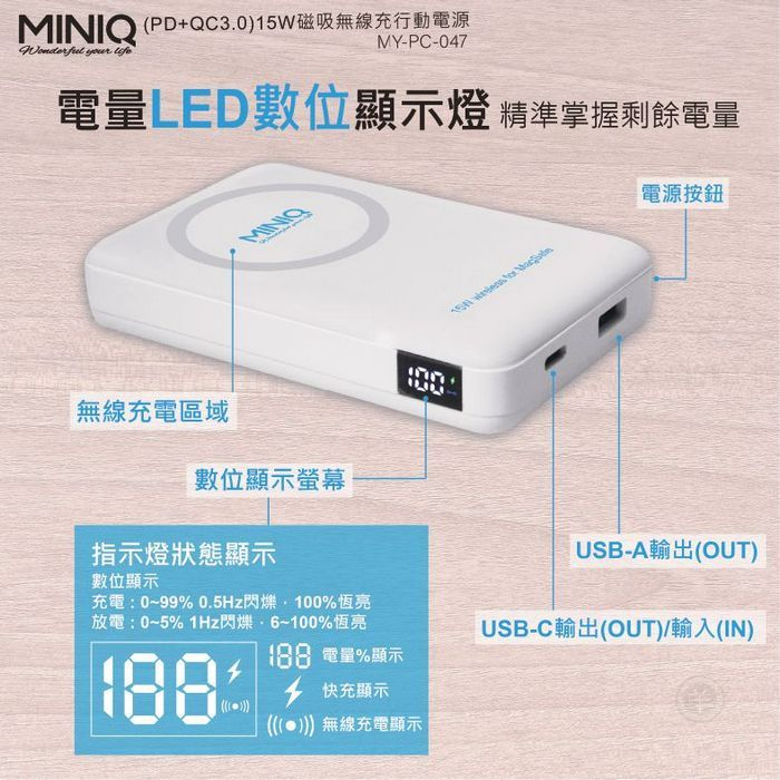 MINIQ 15W磁吸立架 10000無線充電 PD+QC3.0 MY-PC-047電量顯示行動電源 快充行動電源 p-細節圖6