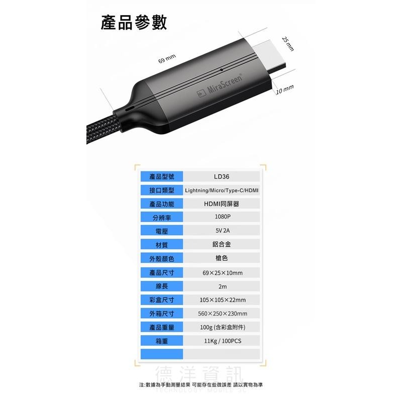 最強同屏器 MiraScreen LD36 三合一有線HDMI影像轉接器 手機投影 手機同屏 不限裝置 1080p-細節圖8