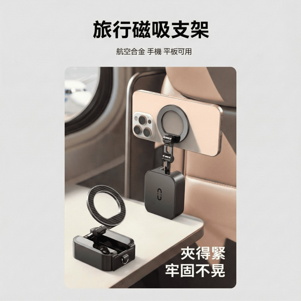 飛機高鐵必備 旅行手機支架 雙面磁吸旋轉手機架 懶人支架 磁吸手機架 夾式桌面夾 可折疊收納 強力磁吸 追劇神器-細節圖5