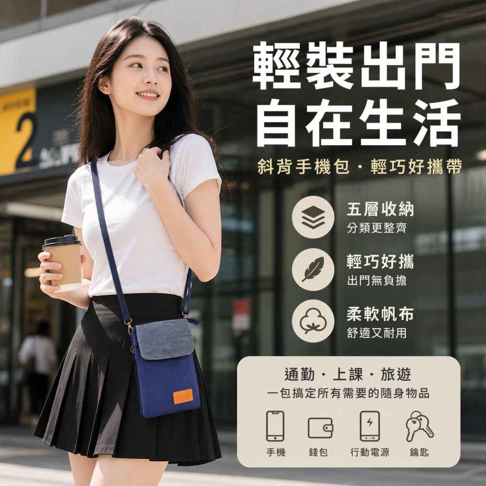 五層收納 帆布斜背手機包 | 輕巧耐用 多功能小包 出國旅遊/逛街必備 解放雙手-細節圖5