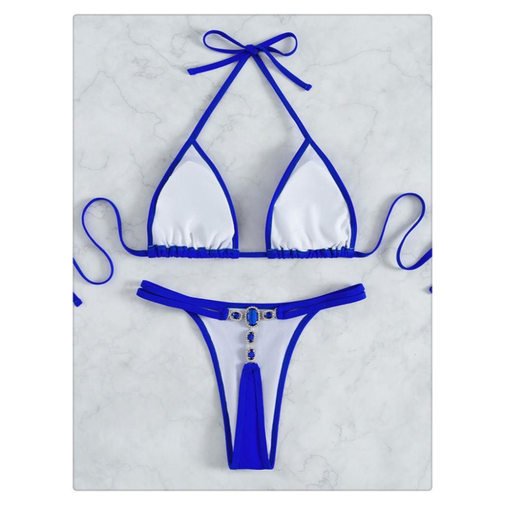 122 台灣現貨 歐美水晶鑽石系繩掛脖性感比基尼三角包丁字褲沙灘泳衣女 L號-細節圖4