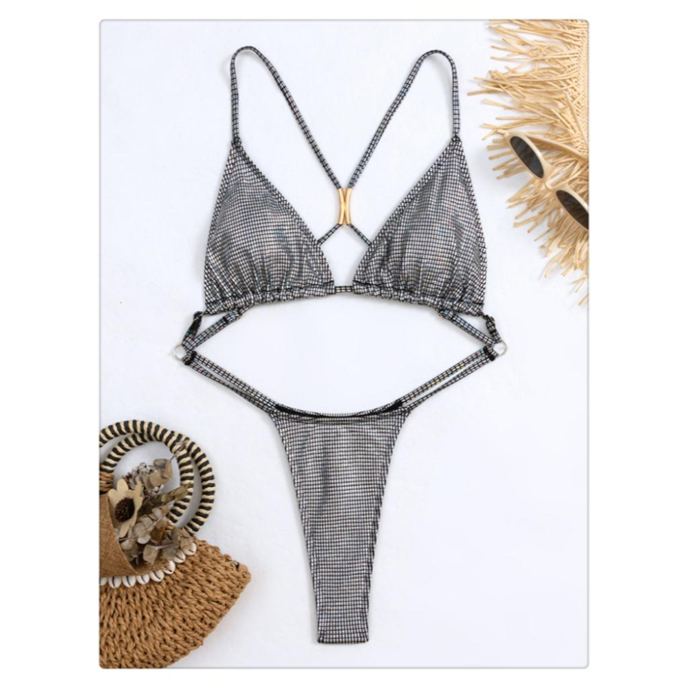 121 台灣現貨歐美連體泳衣後背鏤空閃亮一體比基尼女沙灘美背性感泳裝 L號-細節圖7