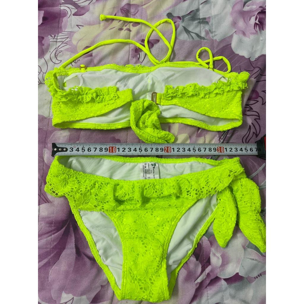 62 台灣現貨 Tamtam beach 螢光黃蕾絲比基尼泳裝兩件套 顯白高腰螢光蕾絲泳衣套裝 L號-細節圖2