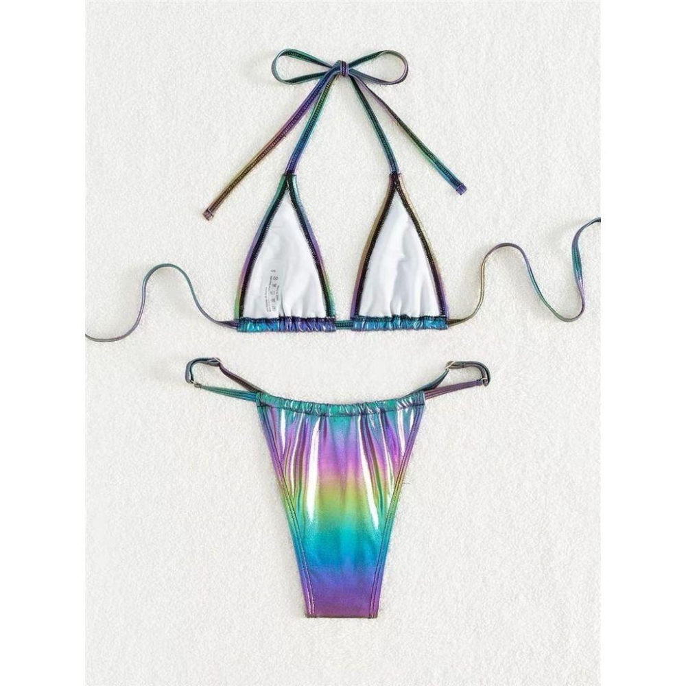 7 台灣現貨 幻彩燙金性感比基尼女歐美綁帶分體泳衣沙灘掛脖泳裝 L號-細節圖4