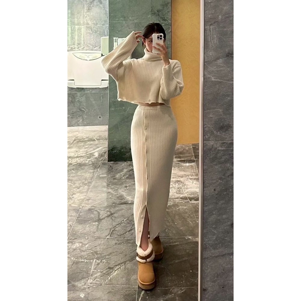 正韓連線預購新品✨短高領衣✨側扣窄裙-細節圖4