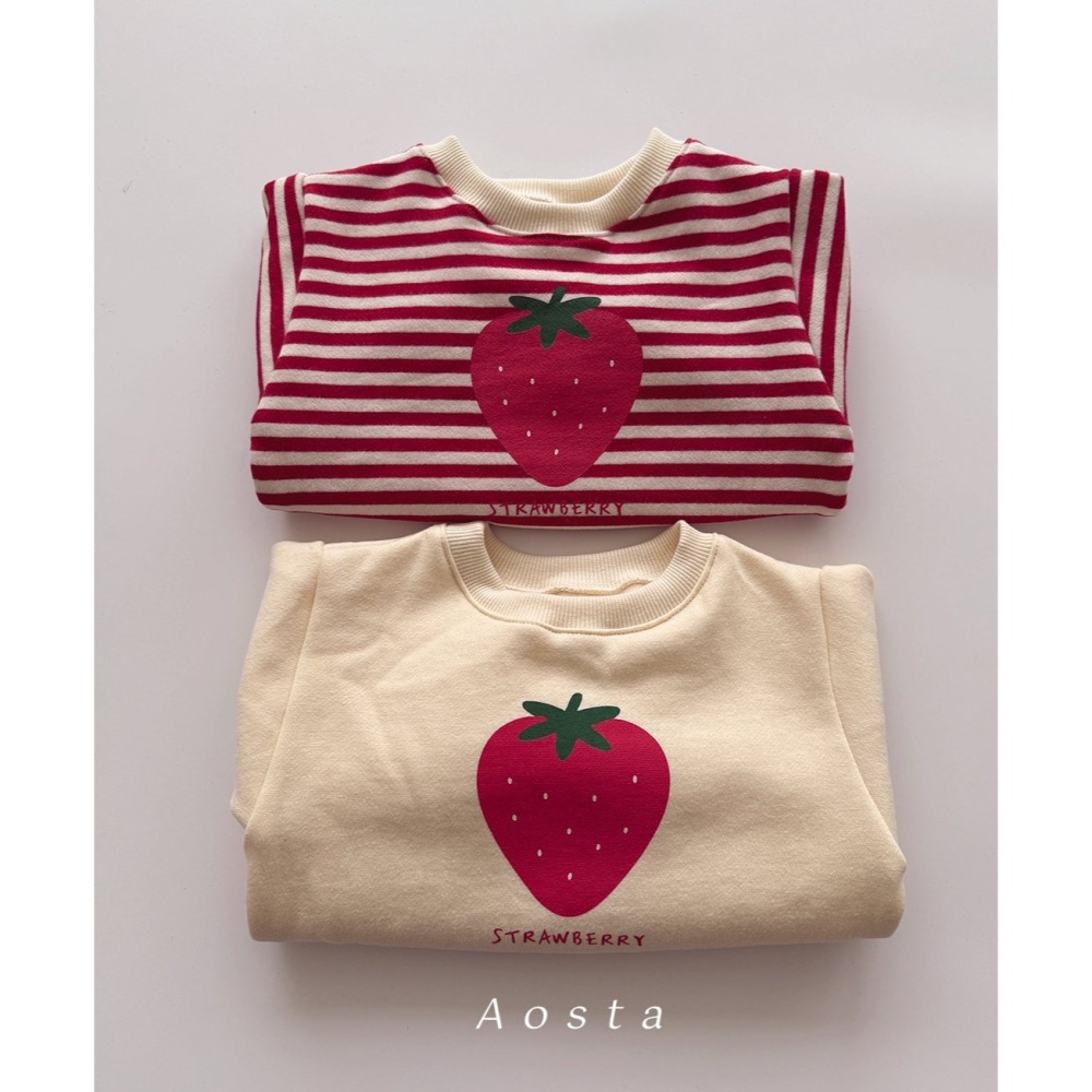 ❄️條紋80/米白110現貨❄️AOSTA 草莓刷毛大學Tee🧸韓國童裝-細節圖2