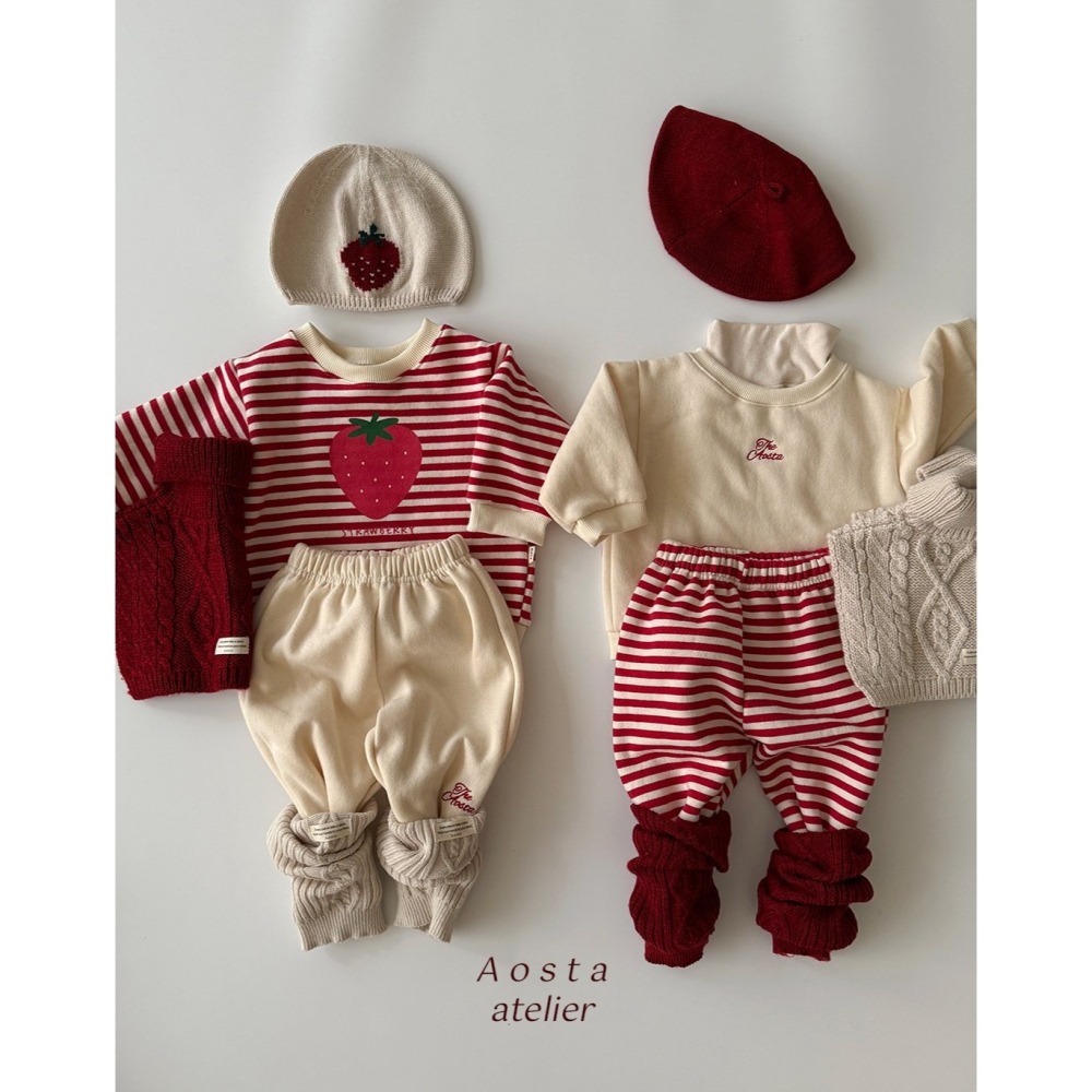 ❄️條紋80/米白110現貨❄️AOSTA 草莓刷毛大學Tee🧸韓國童裝-細節圖5