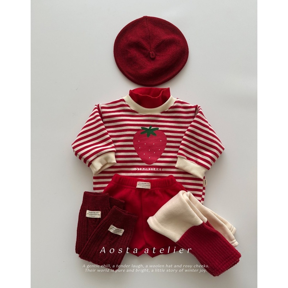 ❄️條紋80/米白110現貨❄️AOSTA 草莓刷毛大學Tee🧸韓國童裝-細節圖7