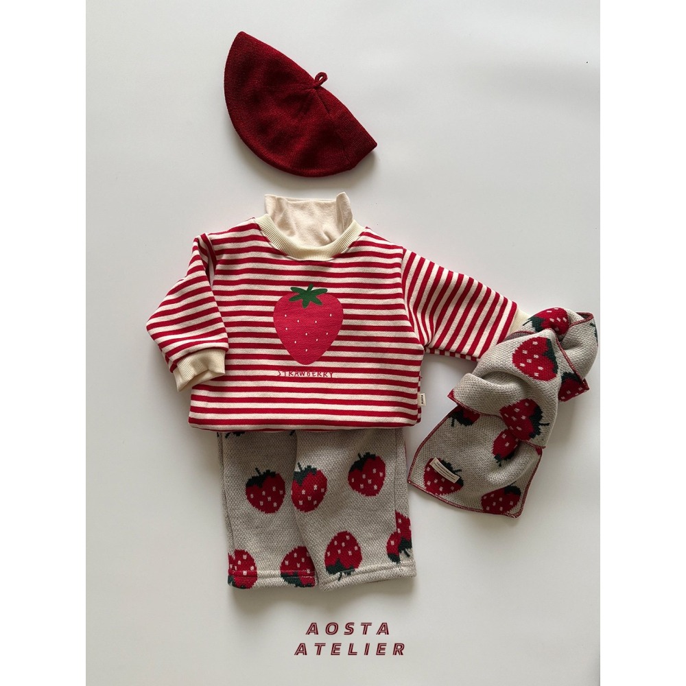 ❄️條紋80/米白110現貨❄️AOSTA 草莓刷毛大學Tee🧸韓國童裝-細節圖8