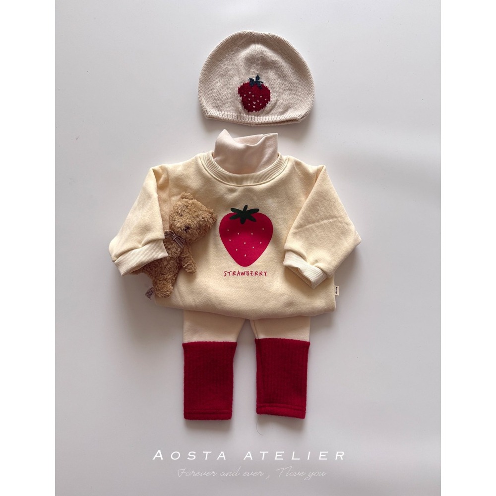 ❄️條紋80/米白110現貨❄️AOSTA 草莓刷毛大學Tee🧸韓國童裝-細節圖9