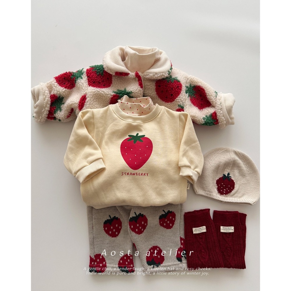 ❄️條紋80/米白110現貨❄️AOSTA 草莓刷毛大學Tee🧸韓國童裝-細節圖10