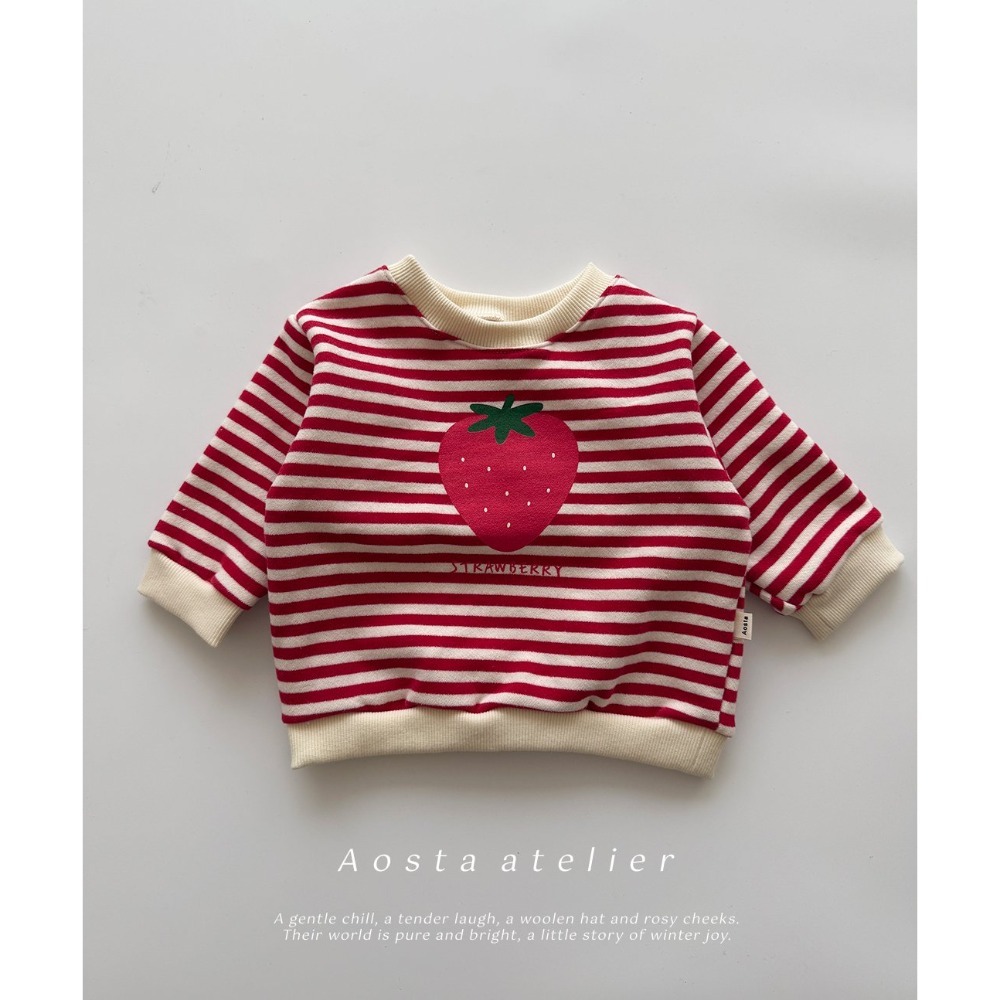 ❄️條紋80/米白110現貨❄️AOSTA 草莓刷毛大學Tee🧸韓國童裝-規格圖11