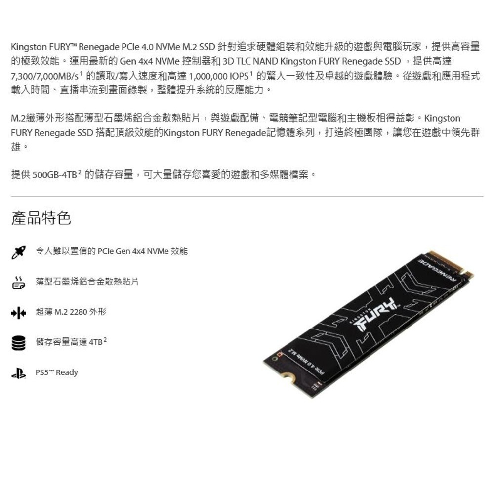 金士頓 Kingston FURY Renegade 1TB PCIe 4.0 -/需訂貨/全新品-發票保固-細節圖3