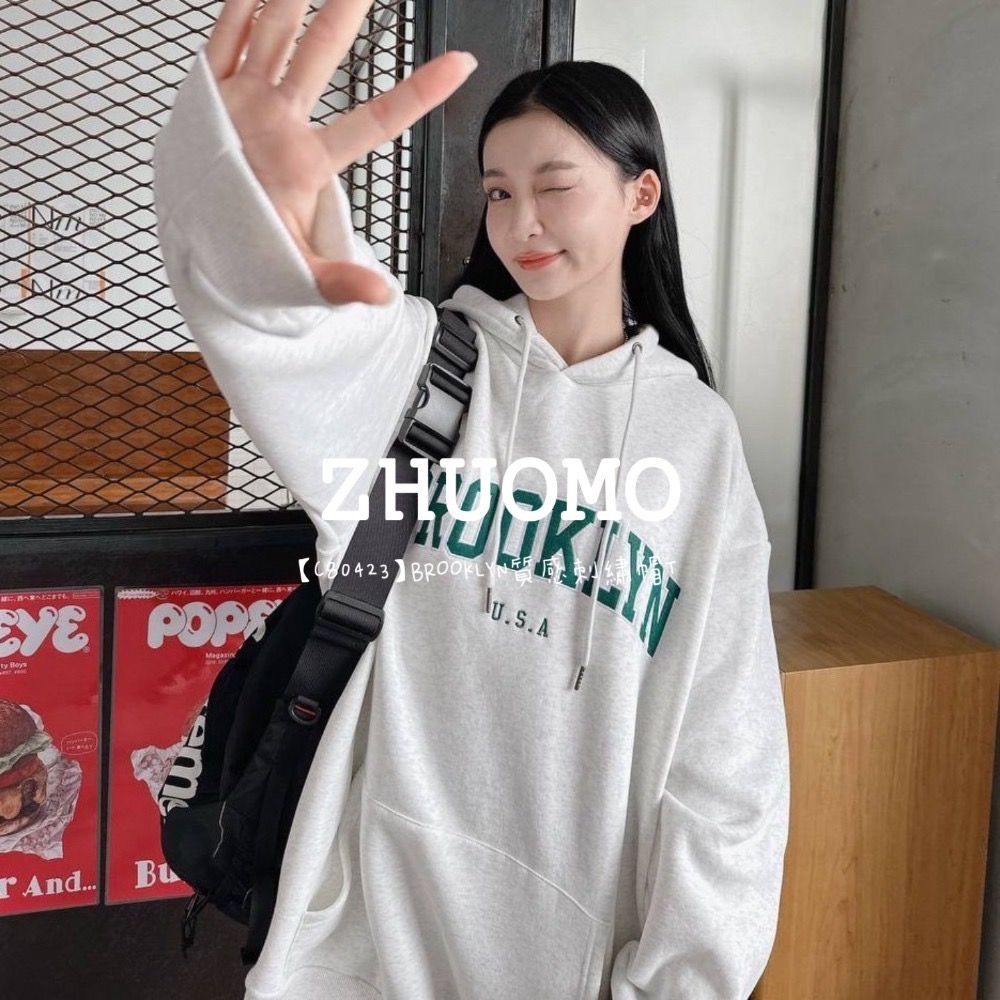【7天內出貨】 正韓 韓系 BROOKLYN質感 刺繡 帽T 大學t 厚磅 長袖 印花 衣服 大尺碼 上衣 男裝 衛衣-細節圖7