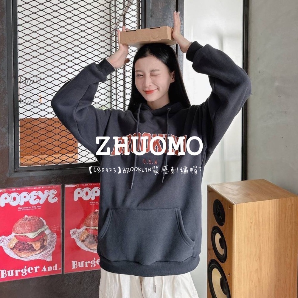 【7天內出貨】 正韓 韓系 BROOKLYN質感 刺繡 帽T 大學t 厚磅 長袖 印花 衣服 大尺碼 上衣 男裝 衛衣-細節圖8