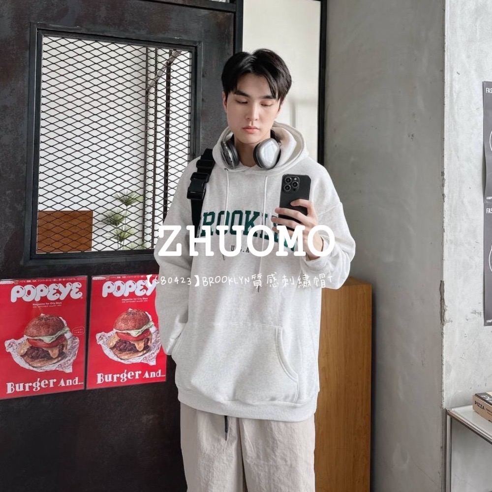 【7天內出貨】 正韓 韓系 BROOKLYN質感 刺繡 帽T 大學t 厚磅 長袖 印花 衣服 大尺碼 上衣 男裝 衛衣-細節圖9