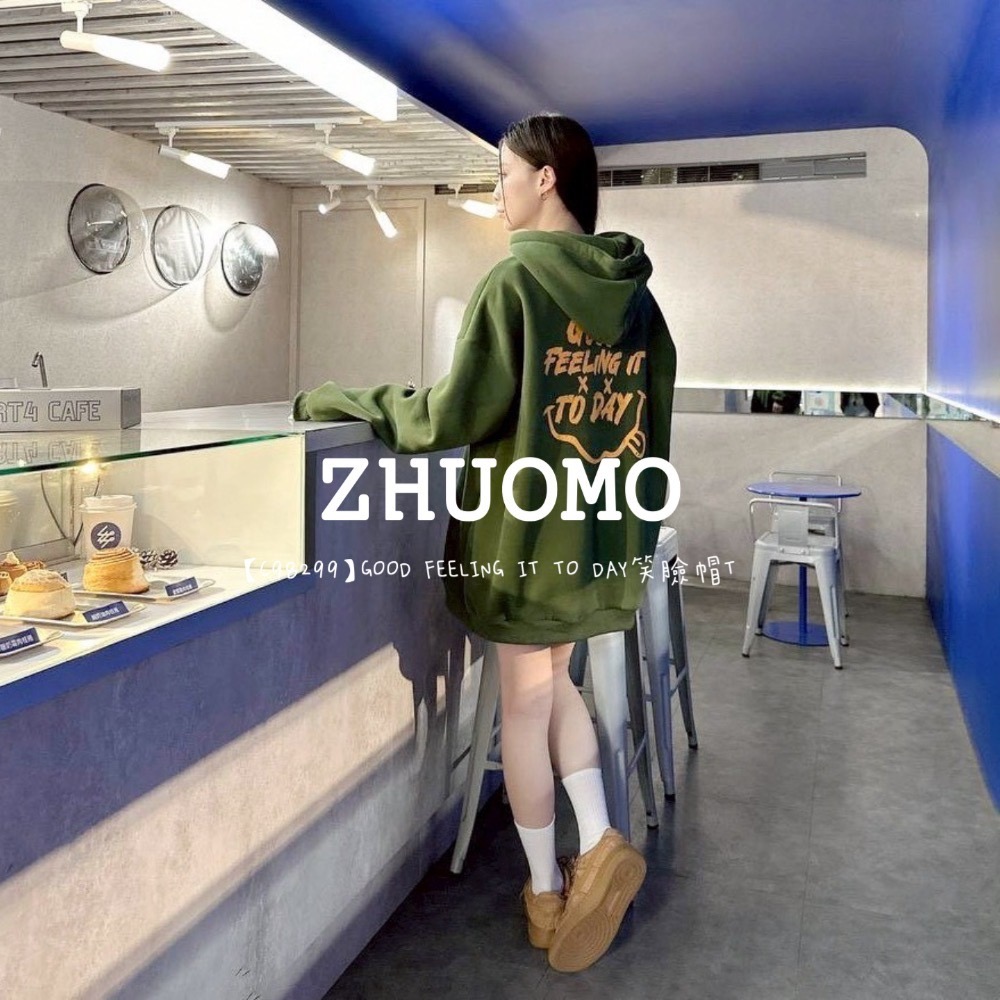 【7天內出貨】GOOD FEELING IT TO DAY笑臉帽T 大學t 厚磅 長袖 印花 衣服 大尺碼 上衣 男裝-細節圖3