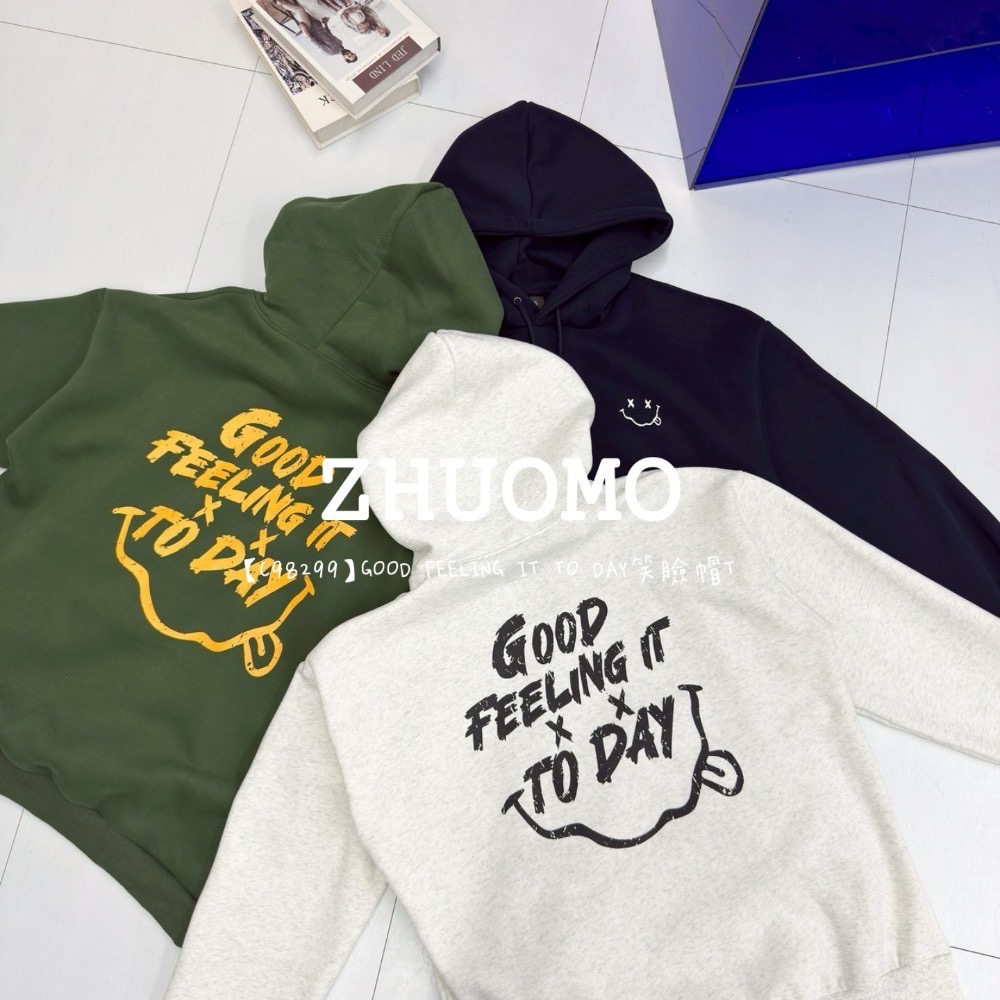 【7天內出貨】GOOD FEELING IT TO DAY笑臉帽T 大學t 厚磅 長袖 印花 衣服 大尺碼 上衣 男裝-細節圖7