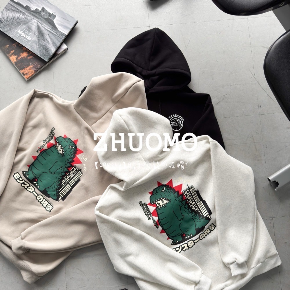 【7天內出貨】日語恐龍印花帽T 大學t 厚磅 長袖 印花 衣服 大尺碼 上衣 男裝 衛衣 情侶衣-細節圖8