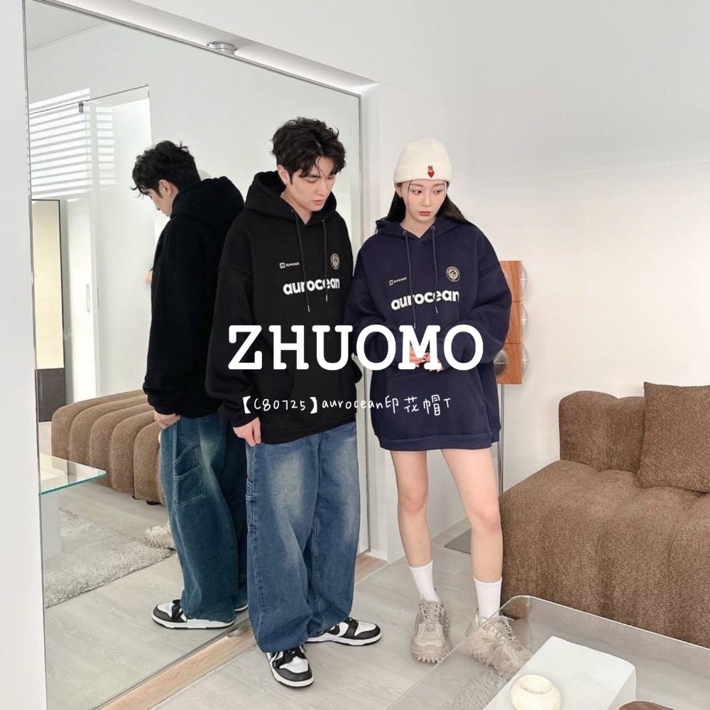 【7天內出貨】aurocean印花帽T 大學t 厚磅 長袖 印花 衣服 大尺碼 上衣 男裝 衛衣 情侶衣-細節圖3