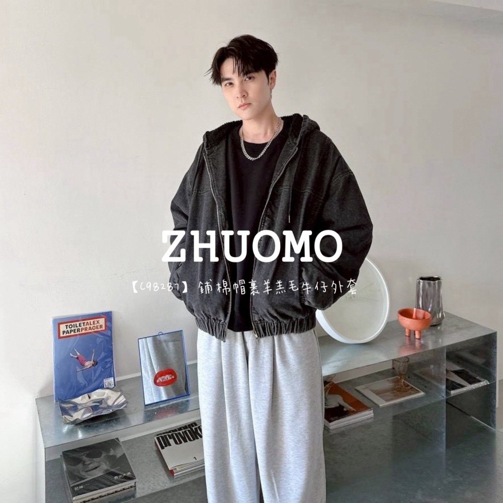 【7天內出貨】正韓 韓系 鋪棉帽裹 羊羔毛 牛仔 外套 刺繡 帽T 大學t 厚磅 長袖 印花 衣服 大尺碼 上衣 男裝-細節圖3