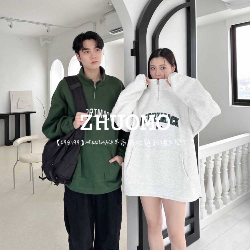 【7天內出貨】正韓 韓系 MERRIMACK半高領拉鍊 刺繡 大學t 帽T  厚磅 長袖 印花 衣服 大尺碼 上衣 男裝-細節圖2