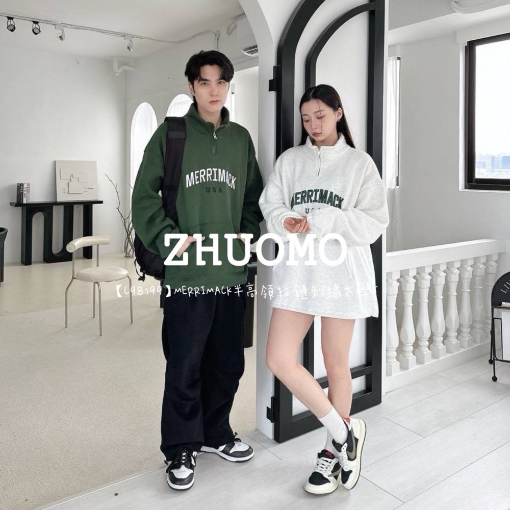 【7天內出貨】正韓 韓系 MERRIMACK半高領拉鍊 刺繡 大學t 帽T  厚磅 長袖 印花 衣服 大尺碼 上衣 男裝-細節圖3