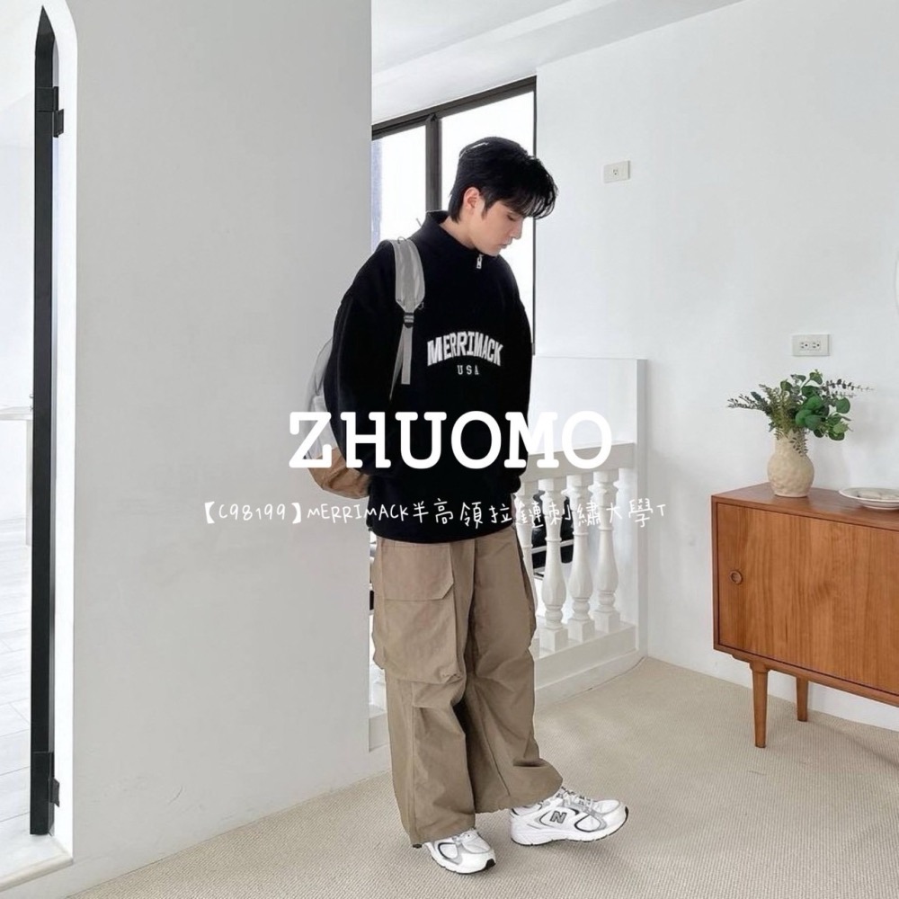 【7天內出貨】正韓 韓系 MERRIMACK半高領拉鍊 刺繡 大學t 帽T  厚磅 長袖 印花 衣服 大尺碼 上衣 男裝-細節圖4